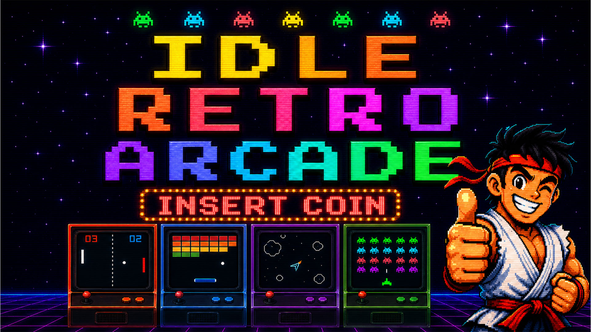 Idle Retro Arcade key art with glowing cabinets and colourful pixel lettering